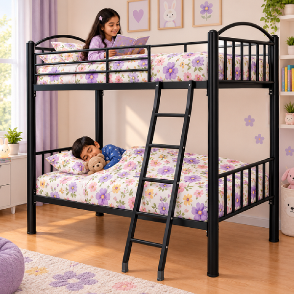 RYKER NAMARIQ: Heavy Duty Twin Bunk-Bed Frame with Ladder & Safety Guard Rails | Space Saving Bed for Kids, Teens & Adults | With or Without Mattress | 6x3 FT STANDARD & 6x2.5 FT Small Size | Powder Coated BLACK Color
