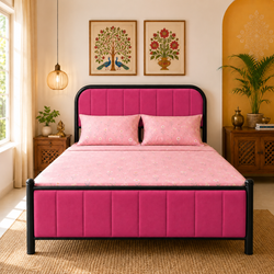 METROPOLIS NAMARIQ: Hydraulic Storage Metal Bed Frame with Cushioned Tufted Head-Footboards | Bedroom Furniture | Easy Assembly | Premium Powder Coated | KING, QUEEN, SINGLE Sizes | BLACK-PINK Color