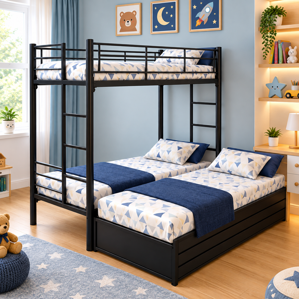 RADIANT NAMARIQ: Heavy Duty Twin-over-Full Bunk-Bed Frame with Ladder & Safety Guard Rails | Space Saving Bed for Kids Teens & Adults | With or Without Mattress | 6x3 FT STANDARD & 6x2.5 FT Small Size | Powder Coated BLACK Color