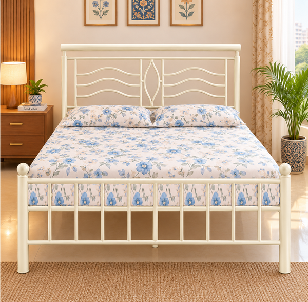 ZEPHYR NAMARIQ: Modern Sleek Wavey Wrought Iron Metal Bed, Cot for Bedroom | Without Inbuilt Storage | Water Resistant & Anti-Rust Powder Coated Finish | KING, QUEEN & SINGLE Sizes | IVORY Color