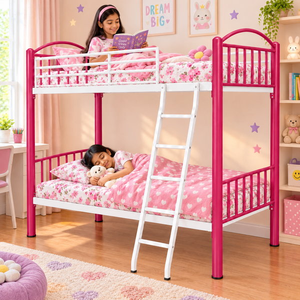 RYKER NAMARIQ: Heavy Duty Twin Bunk-Bed Frame with Ladder & Safety Guard Rails | Space Saving Bed for Kids, Teens & Adults | With or Without Mattress | 6x3 FT STANDARD & 6x2.5 FT Small Size | Powder Coated PINK-WHITE Color