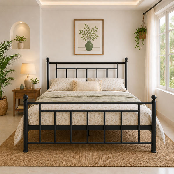 ZAVION NAMARIQ: Solid Wrought Iron Metal Bed Cot| Without Inbuilt Storage Box | Space Saving Bedroom Furniture | Architectural Minimalist Head-Footboard | With & Without Mattress | KING QUEEN SINGLE Sizes | Powder Coated BLACK Color