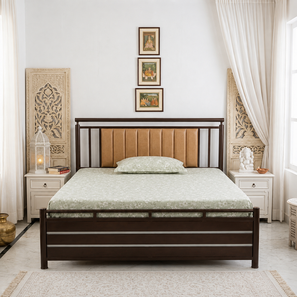 METEOR NAMARIQ: Hydraulic Storage Metal Bed Frame with Vertical Slatted Side Frame with Tufted Headboard| Bedroom Furniture | Easy Assembly | Premium Powder Coated | KING, QUEEN, SINGLE Sizes | BROWN-BROWN Color