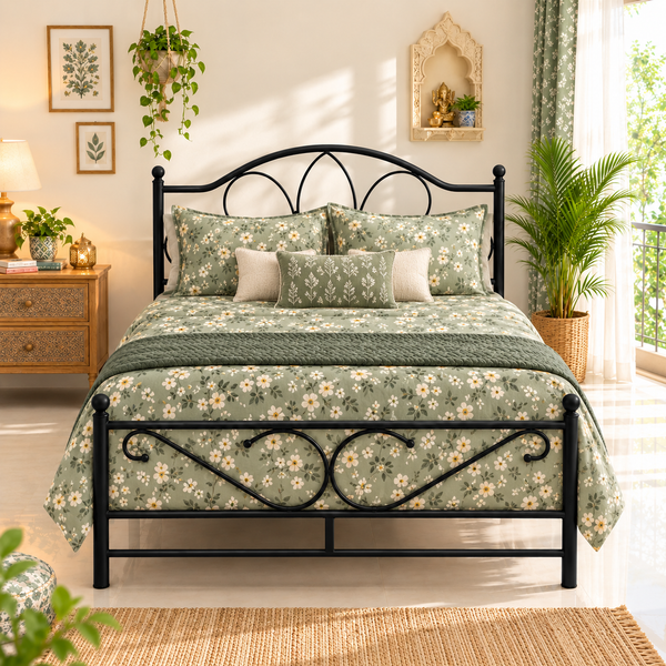 ZAYDON NAMARIQ: Solid Wrought Iron Metal Bed Cot | Without Inbuilt Storage Box | Space Saving Bedroom Furniture | Artistic Head-Footboard | With & Without Mattress | KING QUEEN SINGLE & TWIN Sizes | Powder Coated BLACK Color
