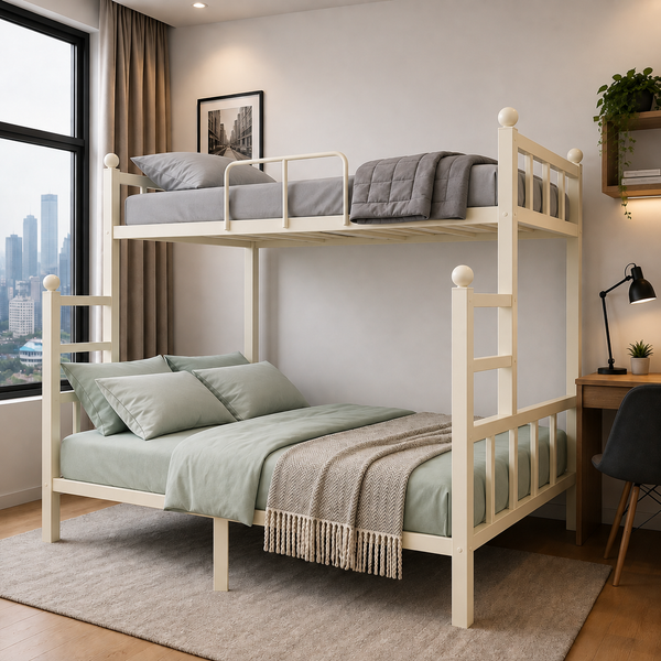 ROCKFORD NAMARIQ: Twin-over-Full Bunk-Bed Frame with Ladder & Safety Guard Rails | Space Saving Bed for Kids Teens & Adults | With or Without Mattress | QUEEN & DOUBLE Sizes | Powder Coated IVORY Color
