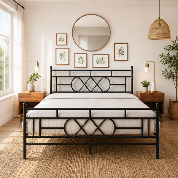 ZIVAANSH NAMARIQ: Wrought Iron Metal Bed | Without Inbuilt Storage Box | Space Saving Bedroom Cot Bed with Architectural Circle & Grid Head-Footboard | With & Without Mattress | KING QUEEN SINGLE Sizes | Powder Coated BLACK Color