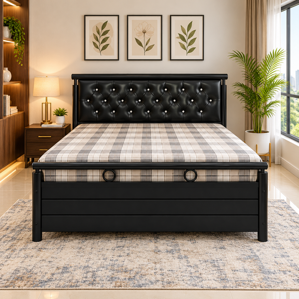 MAGNIFIQUE NAMARIQ: Hydraulic Storage Metal Bed Frame with Tufted Cushioned Headboard | Bedroom Furniture | Easy Assembly | Premium Powder Coated | KING, QUEEN, SINGLE Sizes | Black Color