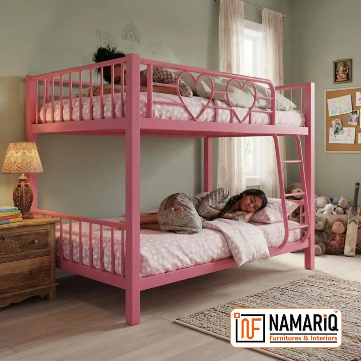 GIRLIYAPA NAMARIQ: Twin-over-Twin, Heart-Cutout Metal Bunk Bed for Female Siblings – Without Inbuilt Storage - Scratch Free & Water-Resistant Powder Coated Finish – Vibrant PINK+2