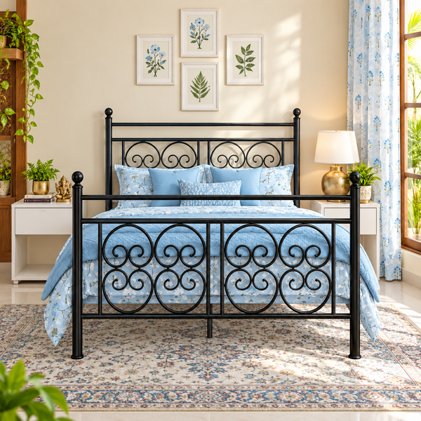 ZECORE NAMARIQ: Solid Wrought Iron Metal Bed Cot| Space Saving Bedroom Furniture | No Box Spring Needed, Easy Assembly | Vintage Scroll Headboard & Footboard| With & Without Mattress | KING QUEEN SINGLE Sizes | Powder Coated BLACK Color