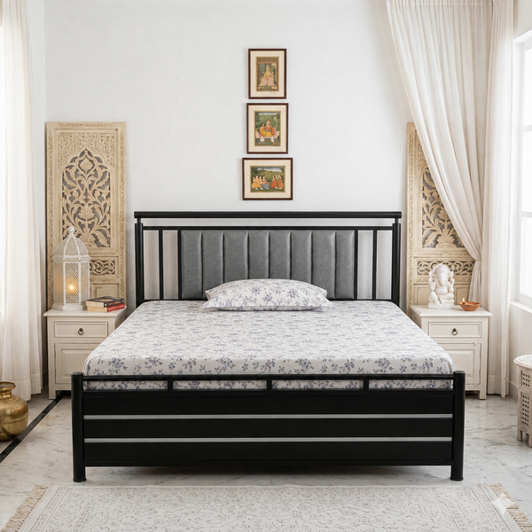 METEOR NAMARIQ: Hydraulic Storage Metal Bed Frame with Vertical Slatted Side Frame with Tufted Headboard| Bedroom Furniture | Easy Assembly | Premium Powder Coated | KING, QUEEN, SINGLE Sizes | BLACK-GREY Color