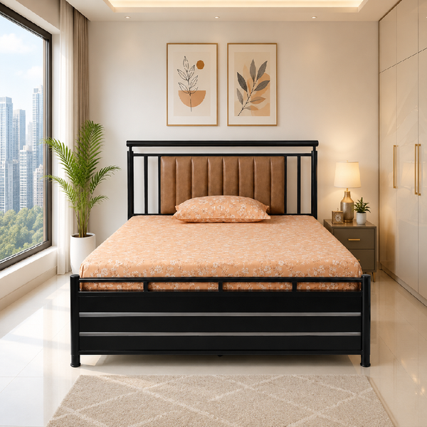 METEOR NAMARIQ: Hydraulic Storage Metal Bed Frame with Vertical Slatted Side Frame with Tufted Headboard| Bedroom Furniture | Easy Assembly | Premium Powder Coated | KING, QUEEN, SINGLE Sizes | BLACK-BROWN Color