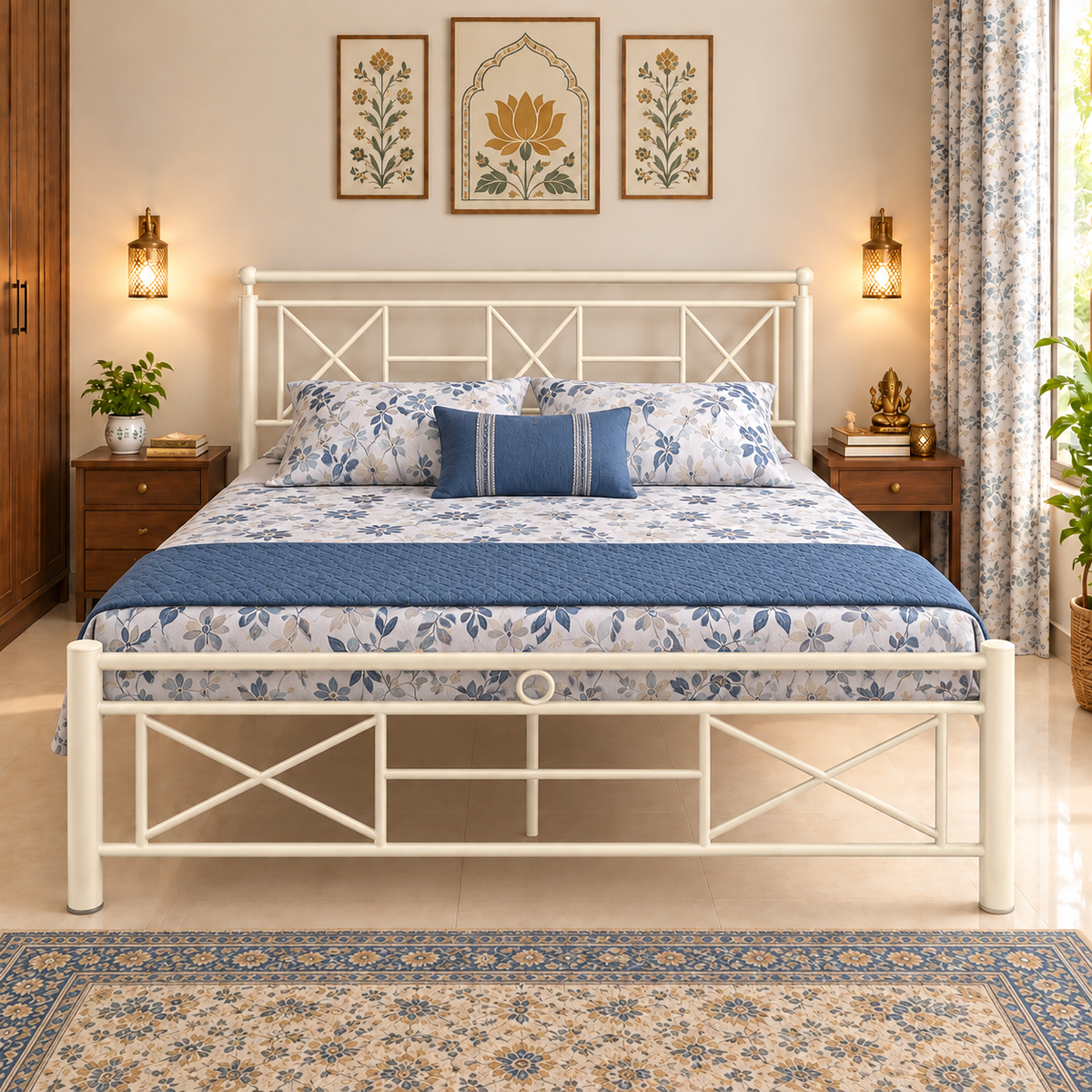 zurex-namariq-heavy-duty-metal-bed-frame-with-modern-geometric-headboard-footboard-bedroom-home-furniture-with-without-mattress-powder-coated-ivory-finish-king-queen-single-sizes