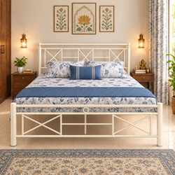 ZUREX NAMARIQ: Heavy-Duty Metal Bed Frame with Modern Geometric Headboard & Footboard | Bedroom Home Furniture | With & Without Mattress | Powder Coated IVORY Finish | KING, QUEEN, SINGLE Sizes