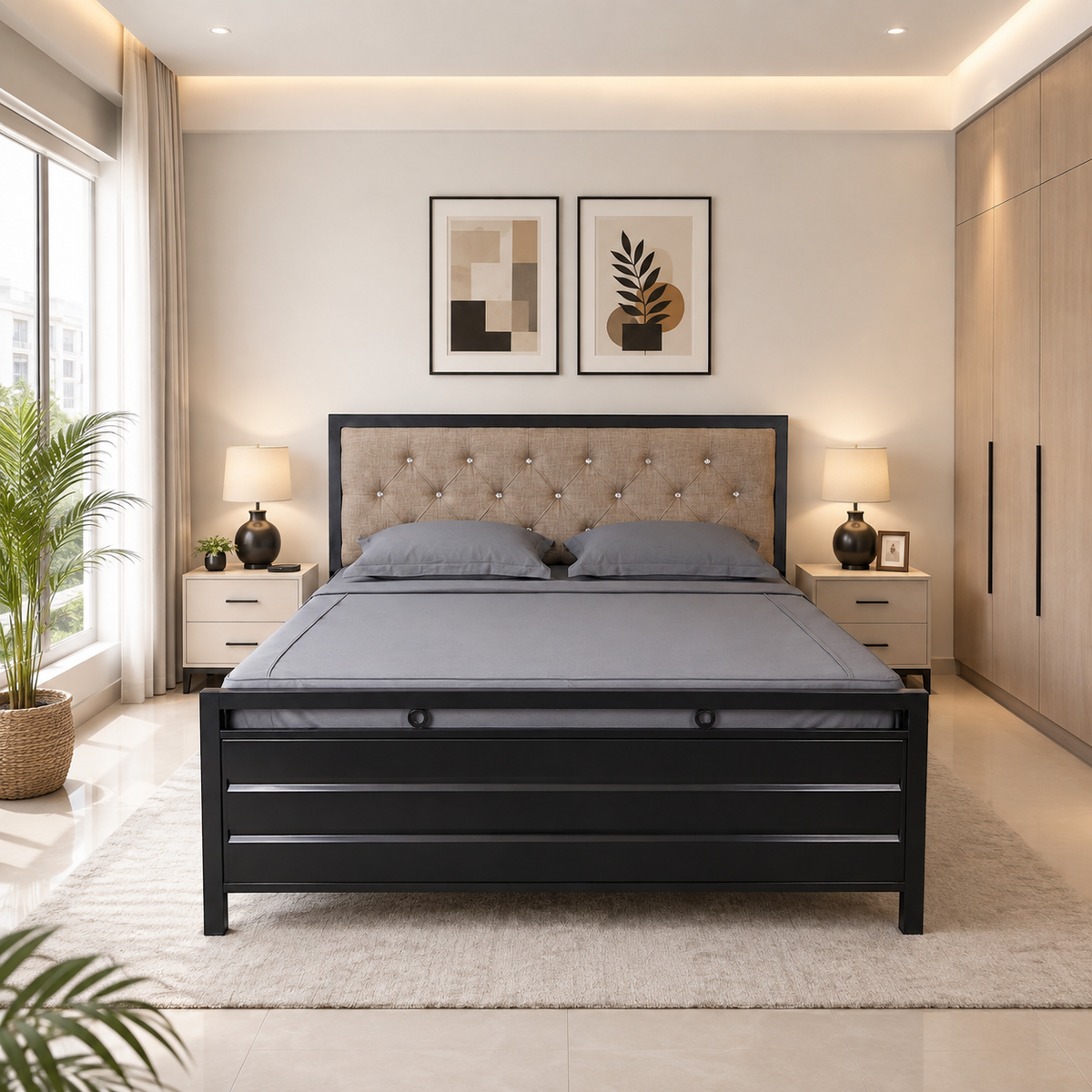 maitreya-namariq-hydraulic-storage-box-metal-bed-frame-with-tufted-fabric-headboard-bedroom-furniture-easy-assembly-premium-powder-coated-king-queen-single-sizes-black-color