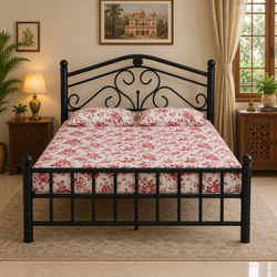 ZAFFIRO NAMARIQ: Wrought Iron Modern Metal Bed Cot| Without Inbuilt Storage Box | Space Saving Bedroom Furniture | Artistic Head-Footboard | With & Without Mattress | KING QUEEN SINGLE Sizes | Powder Coated BLACK Color