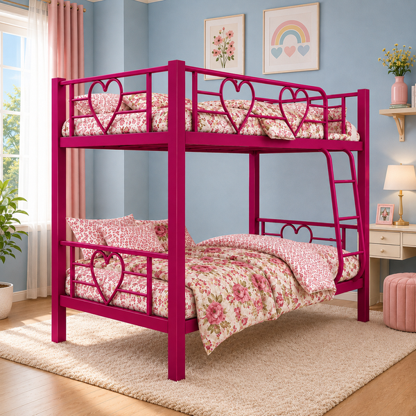 ROSARIO NAMARIQ: Twin Bunk-Bed Heavy Duty Metal Frame with Inbuilt Ladder & Safety Guard Rails | Space Saving Bed for Female Kids Teens & Adults | With or Without Mattress | 6x3 FT STANDARD & 6x2.5 FT Small Size | Powder Coated PINK Color
