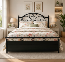 MAYURA NAMARIQ: Heavy Duty Hydraulic Storage Metal Bed Frame with Designer Scrolled Headboard | Bedroom Furniture | Easy Assembly | Premium Powder Coated | KING, QUEEN, SINGLE Sizes | BLACK Color