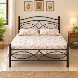 ZESTURE NAMARIQ: Solid Wrought Iron Metal Bed Cot| Without Inbuilt Storage Box | Space Saving Bedroom Furniture | Artistic Head-Footboard | With & Without Mattress | KING QUEEN SINGLE Sizes | Powder Coated BLACK Color