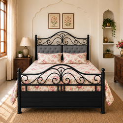MOONSTAR NAMARIQ: Heavy Duty Metal Bed Frame | Hydraulic Box Storage | Designer Headboard Twin Cushions | Designer Footboard | King, Queen, Super-King, Super-Queen Sizes | Water Resistant & Anti-Rust Powder Coated | IVORY Color