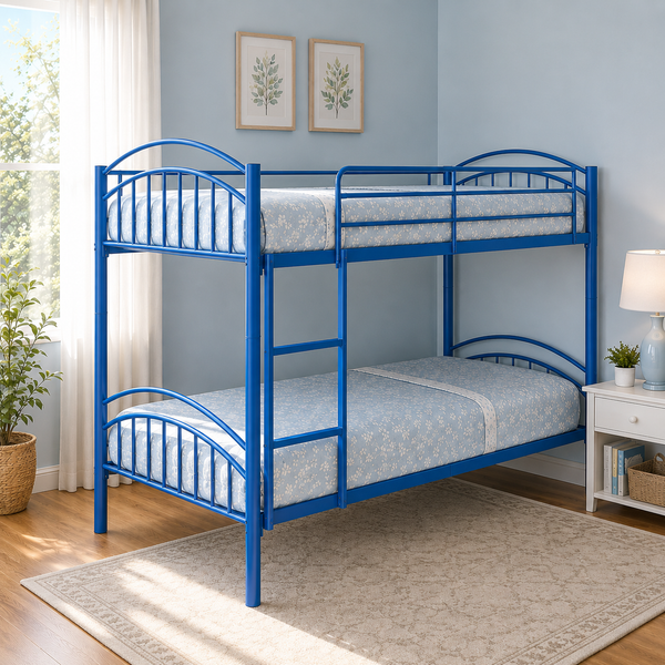 REINFORT NAMARIQ: Heavy Duty Metal Bunk-Bed Frame with Inbuilt Ladder & Safety Guardrails | Space Saving Bed for Kids Teens & Adults | With or Without Mattress | 6x3 FT STANDARD & 6x2.5 FT Small Size | Powder Coated BLUE Color