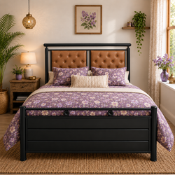 MAYUKHA NAMARIQ: Metal Hydraulic Storage Bed | Dual Tufted Headboards| Bedroom Furniture | Easy Assembly | Premium Powder Coated | KING, QUEEN, SINGLE Sizes | BLACK Frame with BROWN Headboard Color