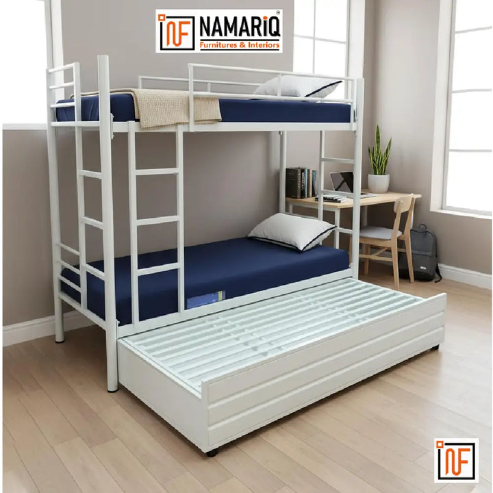NOVUS NAMARIQ: Twin Over Full Hydraulic Storage Triple Zone Bunk Bed – Anti-Rust & Moisture Proof Powder Coated Finish - IVORY