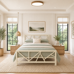 ZENITH NAMARIQ: Heavy-Duty Metal Bed Frame with Modern Geometric X-Pattern Solid Metal Bed | Bedroom Home Furniture | With & Without Mattress | Powder Coated IVORY Finish | KING, QUEEN, DOUBLE, SINGLE Sizes