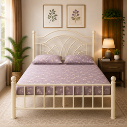 ZYRON NAMARIQ: Solid Wrought Iron Metal Bed Cot| Without Inbuilt Storage Box | Space Saving Bedroom Furniture | Artistic Head-Footboard | With & Without Mattress | KING QUEEN SINGLE Sizes | Powder Coated IVORY Color