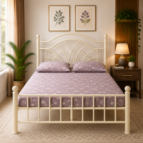 ZYRON NAMARIQ: Solid Wrought Iron Metal Bed Cot| Without Inbuilt Storage Box | Space Saving Bedroom Furniture | Artistic Head-Footboard | With & Without Mattress | KING QUEEN SINGLE Sizes | Powder Coated IVORY Color