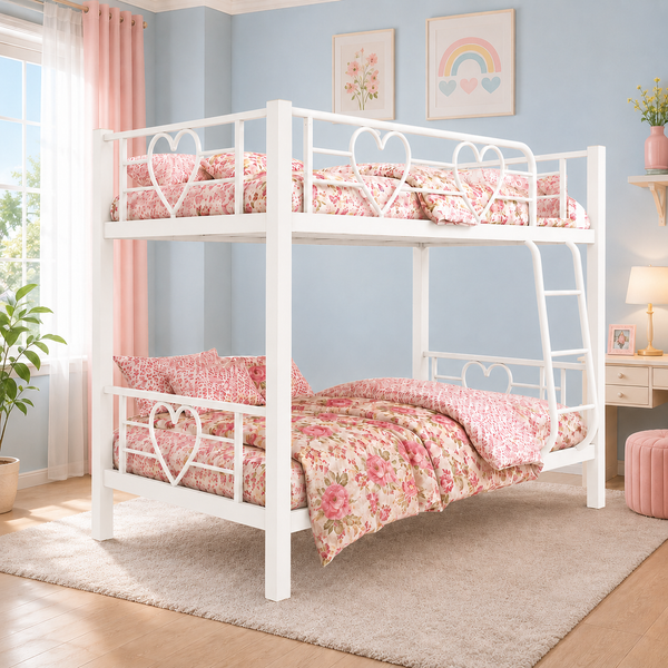 ROSARIO NAMARIQ: Twin Bunk-Bed Heavy Duty Metal Frame with Inbuilt Ladder & Safety Guard Rails | Space Saving Bed for Female Kids Teens & Adults | With or Without Mattress | 6x3 FT STANDARD & 6x2.5 FT Small Size | Powder Coated WHITE Color