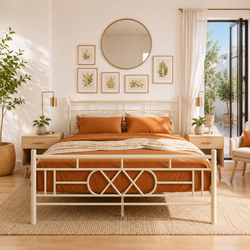 ZIVAANSH NAMARIQ: Wrought Iron Metal Bed | Without Inbuilt Storage Box | Space Saving Bedroom Cot Bed with Architectural Circle & Grid Head-Footboard | With & Without Mattress | KING QUEEN SINGLE Sizes | Powder Coated IVORY Color