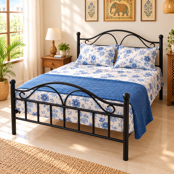 ZAIN NAMARIQ: Wrought Iron Modern Metal Bed Cot | Space Saving Bedroom Furniture | Elegant Head-Footboard | Noise-Free, Easy Assembly | With & Without Mattress | KING QUEEN SINGLE Sizes | Powder Coated BLACK Color