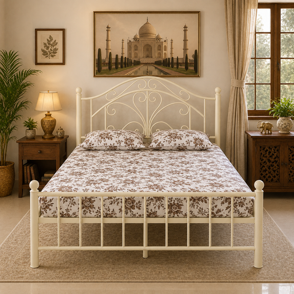 ZENERA NAMARIQ: Wrought Iron Modern Metal Bed Cot| Without Inbuilt Storage Box | Platform Bed for Bedroom Guest Room| Artistic Head-Footboard | With & Without Mattress | KING QUEEN SINGLE Sizes | Powder Coated IVORY Color