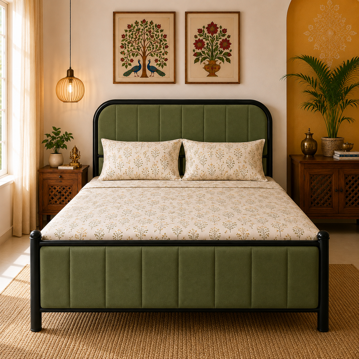 METROPOLIS NAMARIQ: Hydraulic Storage Metal Bed Frame with Cushioned Tufted Head-Footboards | Bedroom Furniture | Easy Assembly | Premium Powder Coated | KING, QUEEN, SINGLE Sizes | BLACK-GREEN Color
