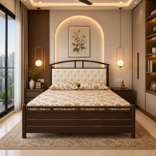 MAVERICK NAMARIQ: Hydraulic Storage Metal Bed Frame with Cushioned Tufted Headboard | Bedroom Furniture | Easy Assembly | Premium Powder Coated | KING, QUEEN, SINGLE Sizes | BROWN-IVORY Color