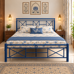 ZUREX NAMARIQ: Heavy-Duty Metal Bed Frame with Modern Geometric Headboard & Footboard | Bedroom Home Furniture | With & Without Mattress | Powder Coated BLUE Finish | KING, QUEEN, SINGLE Sizes