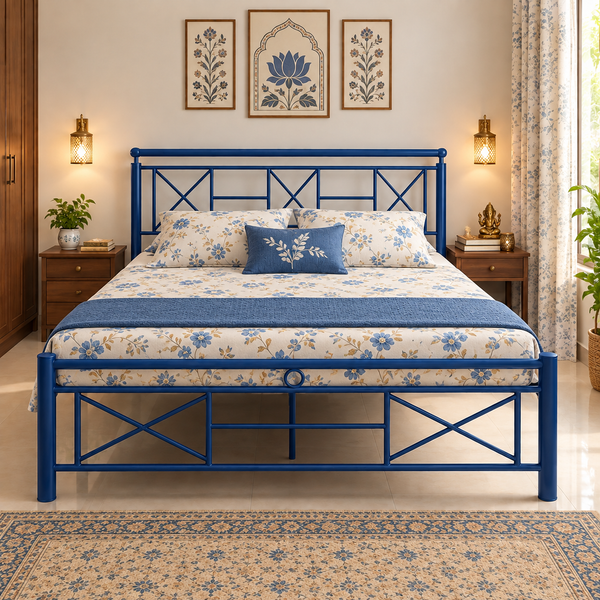 ZUREX NAMARIQ: Heavy-Duty Metal Bed Frame with Modern Geometric Headboard & Footboard | Bedroom Home Furniture | With & Without Mattress | Powder Coated BLUE Finish | KING, QUEEN, SINGLE Sizes