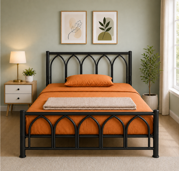 ZORENZA NAMARIQ: Solid Wrought Iron Metal Bed Cot| Without Inbuilt Storage Box | Space Saving Bedroom Furniture | Architectural Arched Head-Footboard | With & Without Mattress | KING QUEEN SINGLE Sizes | Powder Coated BLACK Color