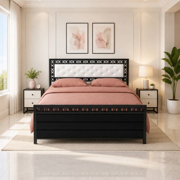 MEDHAWI NAMARIQ: Hydraulic Storage Metal Bed Frame with Cushioned Tufted Headboard | Carbin Borders | Bedroom Furniture | Easy Assembly | Premium Powder Coated | KING, QUEEN, SINGLE Sizes | BLACK Color