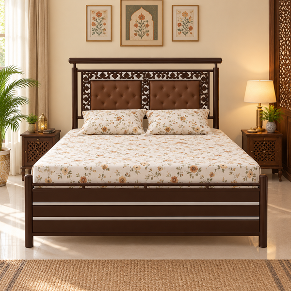 MONARCH NAMARIQ: Heavy Duty Hydraulic Storage Metal Bed Frame | Dual Button-Tufted Cushion Headboard with Carved Ornamental Border| Bedroom Furniture | Easy Assembly | | KING, QUEEN, SINGLE, SUPER-KING & SUPER-QUEEN Sizes | BROWN-BROWN Color