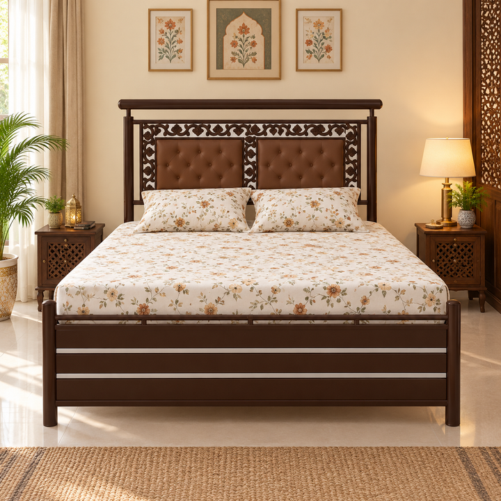 MONARCH NAMARIQ: Heavy Duty Hydraulic Storage Metal Bed Frame | Dual Button-Tufted Cushion Headboard with Carved Ornamental Border| Bedroom Furniture | Easy Assembly | | KING, QUEEN, SINGLE, SUPER-KING & SUPER-QUEEN Sizes | BROWN-BROWN Color