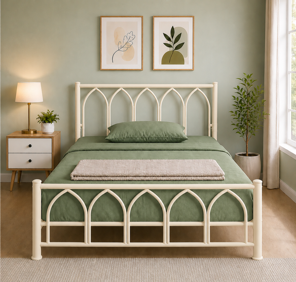 ZORENZA NAMARIQ: Solid Wrought Iron Metal Bed Cot| Without Inbuilt Storage Box | Space Saving Bedroom Furniture | Architectural Arched Head-Footboard | With & Without Mattress | KING QUEEN SINGLE Sizes | Powder Coated IVORY Color
