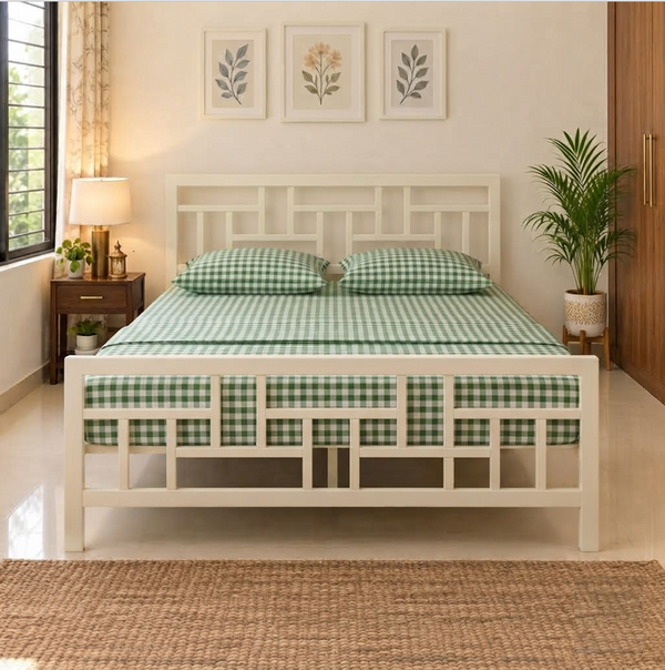 ZAVIER NAMARIQ: Solid Wrought Iron Metal Bed Cot| Without Inbuilt Storage Box | Space Saving Bedroom Furniture | Artistic Head-Footboard | With & Without Mattress | KING QUEEN SINGLE Sizes | Powder Coated IVORY Color
