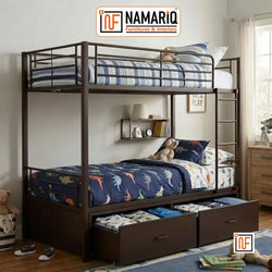YUGMA NAMARIQ: Twin-over-Twin Heavy Duty Metal Bunk Bed with Integrated Dual Drawer Storage – Anti-Rust & Water-Resistant Powder Coated Finish – DARK BROWN