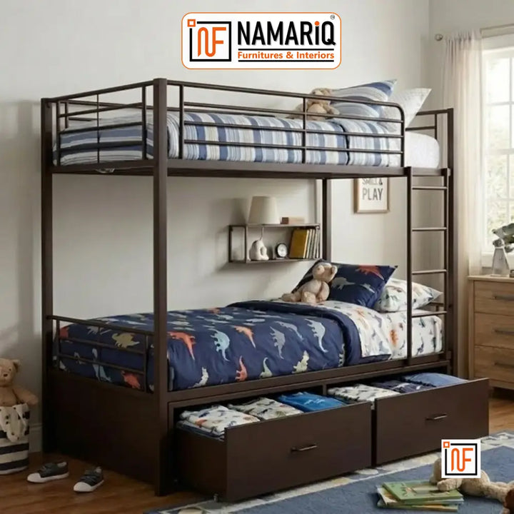YUGMA NAMARIQ: Twin-over-Twin Heavy Duty Metal Bunk Bed with Integrated Dual Drawer Storage – Anti-Rust & Water-Resistant Powder Coated Finish – DARK BROWN