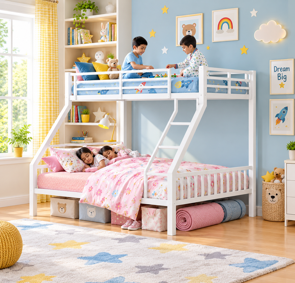 REXTONE NAMARIQ: Twin-over-Full Bunk-Bed Frame with Ladder & Safety Guard Rails | Space Saving Bed for Kids Teens & Adults | With or Without Mattress | QUEEN & DOUBLE Sizes | Powder Coated WHITE Color