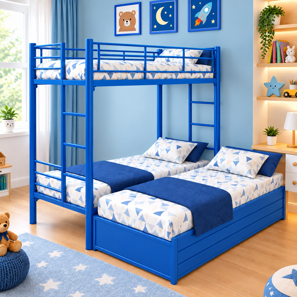 RADIANT NAMARIQ: Heavy Duty Twin-over-Full Bunk-Bed Frame with Ladder & Safety Guard Rails | Space Saving Bed for Kids Teens & Adults | With or Without Mattress | 6x3 FT STANDARD & 6x2.5 FT Small Size | Powder Coated BLUE Color