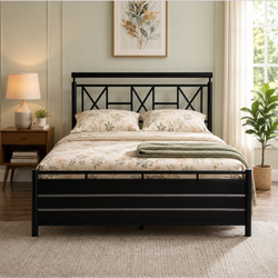MERIDIAN NAMARIQ: Heavy Duty Hydraulic Storage Metal Bed Frame with Designer Headboard | Bedroom Furniture | Easy Assembly | Premium Powder Coated | KING, QUEEN, SINGLE Sizes | BLACK Color