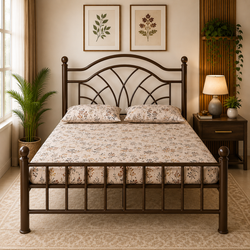 ZYRON NAMARIQ: Solid Wrought Iron Metal Bed Cot| Without Inbuilt Storage Box | Space Saving Bedroom Furniture | Artistic Head-Footboard | With & Without Mattress | KING QUEEN SINGLE Sizes | Powder Coated BROWN Color
