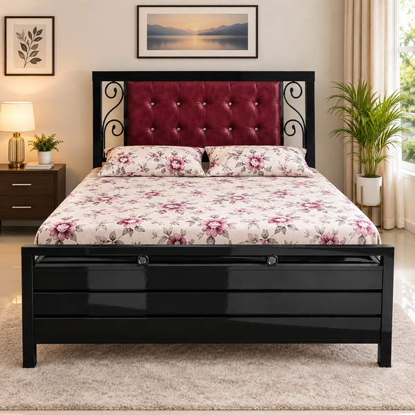 MIRINAL NAMARIQ: Metal Hydraulic Storage Bed | Maroon Tufted Headboard Cushion & Ornate Scrollwork Borders| Bedroom Furniture | Easy Assembly | Premium Powder Coated | KING, QUEEN, SINGLE Sizes | BLACK Color